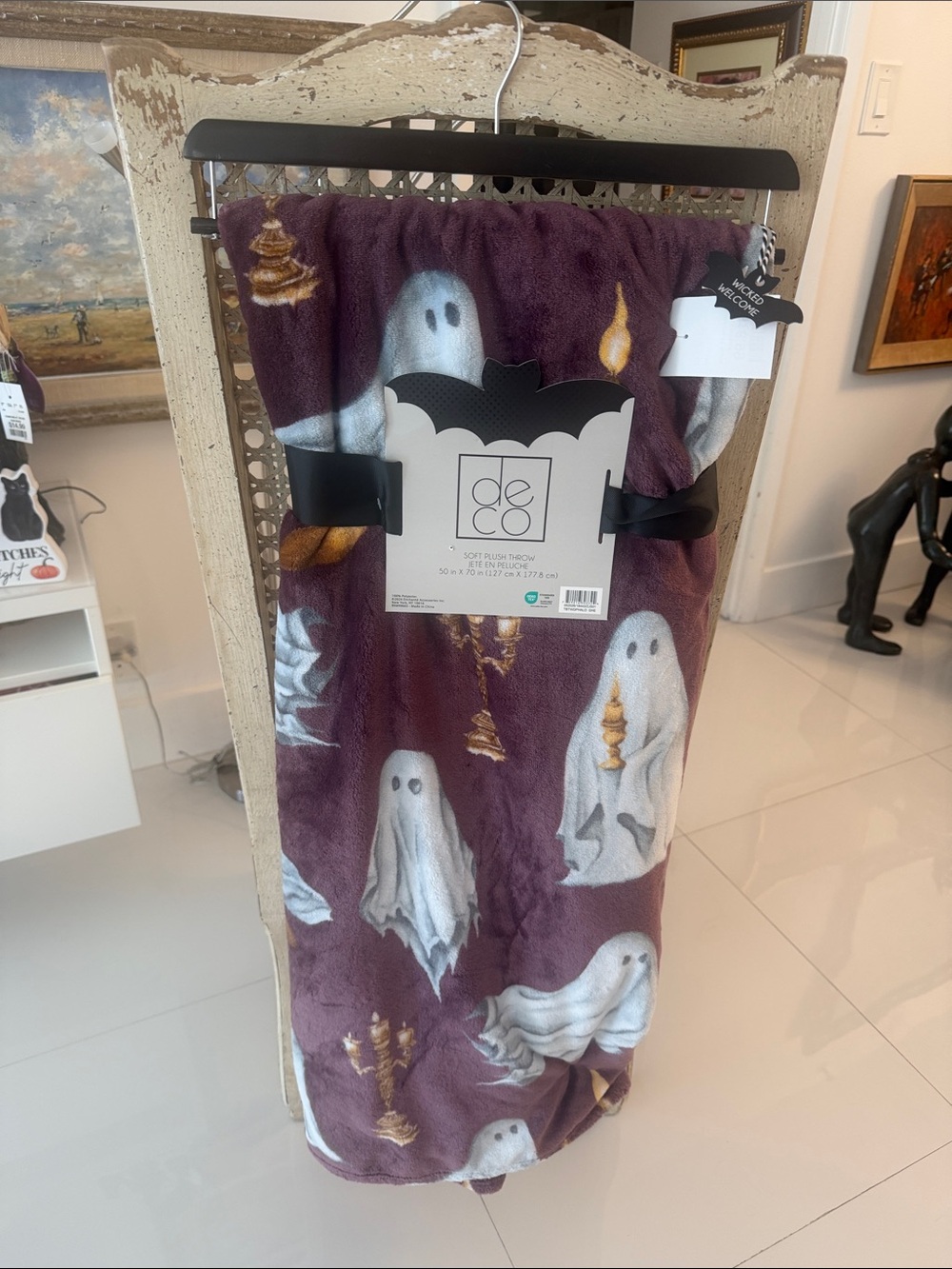 deco Halloween Purple/Gray & Gold "Ghosts & Candlelabras" Plush Throw Blanket